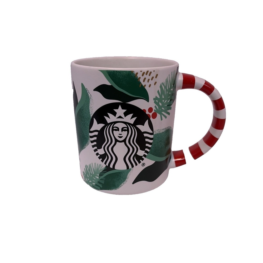 2019 Starbucks Christmas Holiday Holly Candy Cane Striped Handle Coffee Mug 12oz